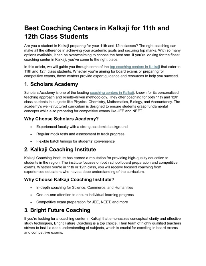 best coaching centers in kalkaji for 11th