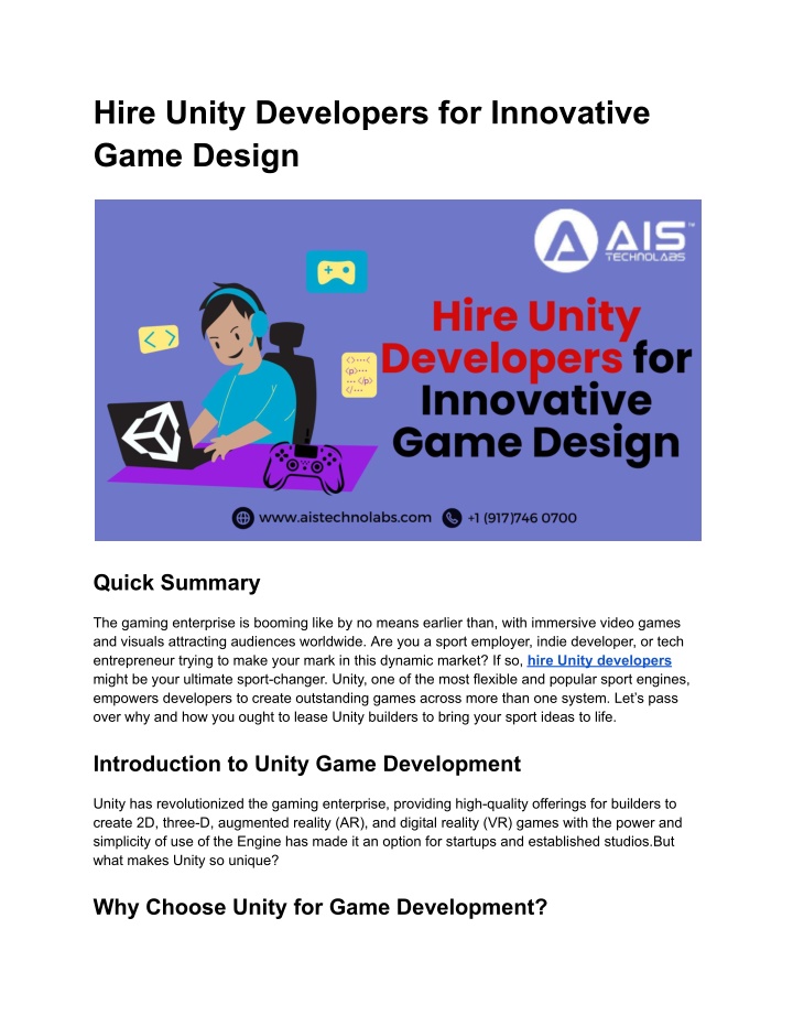 hire unity developers for innovative game design