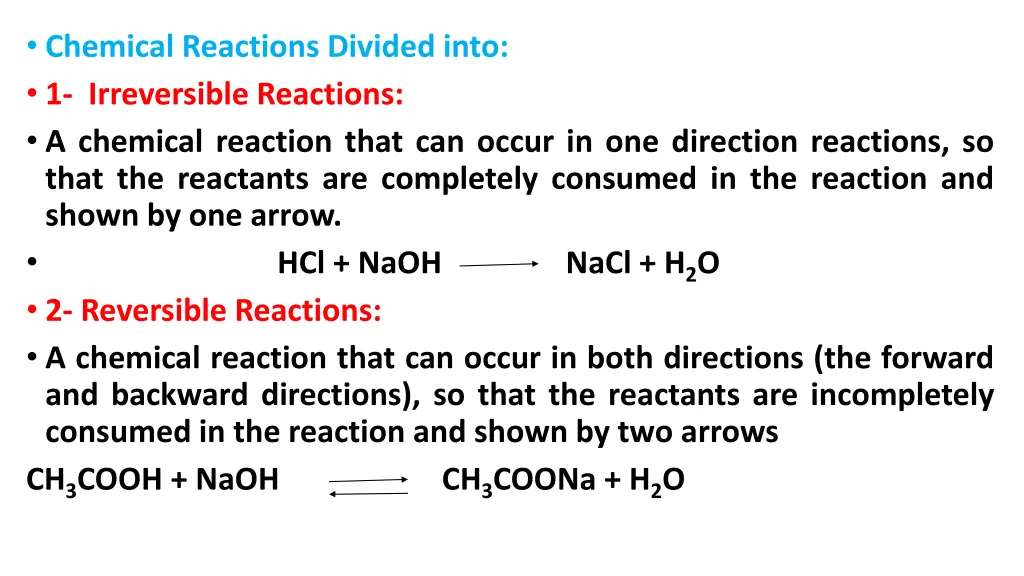 chemical reactions divided into 1 irreversible