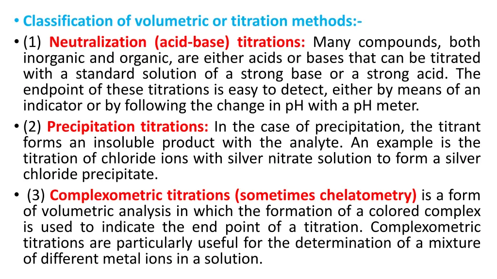 classification of volumetric or titration methods