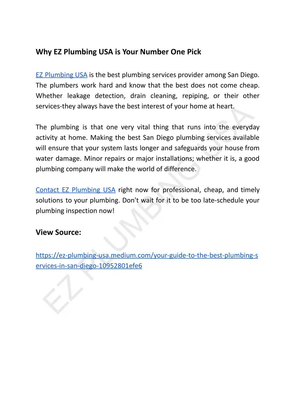why ez plumbing usa is your number one pick