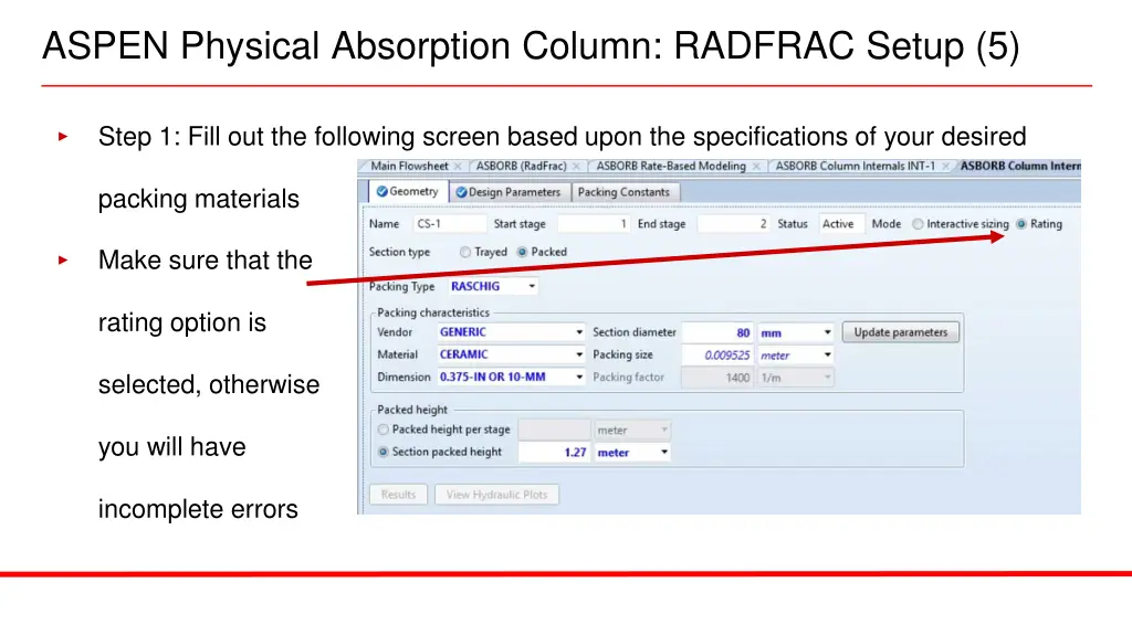 aspen physical absorption column radfrac setup 5