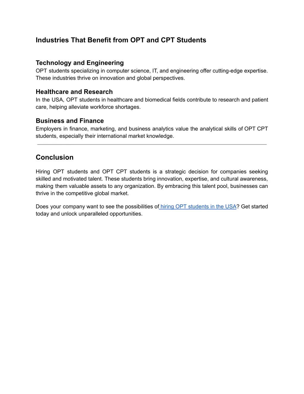industries that benefit from opt and cpt students