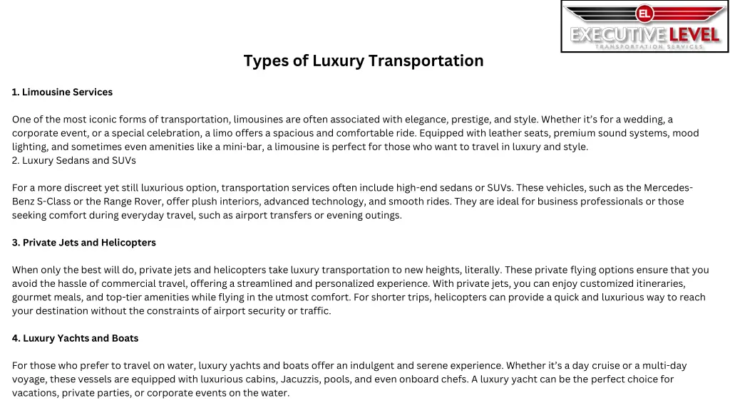 types of luxury transportation