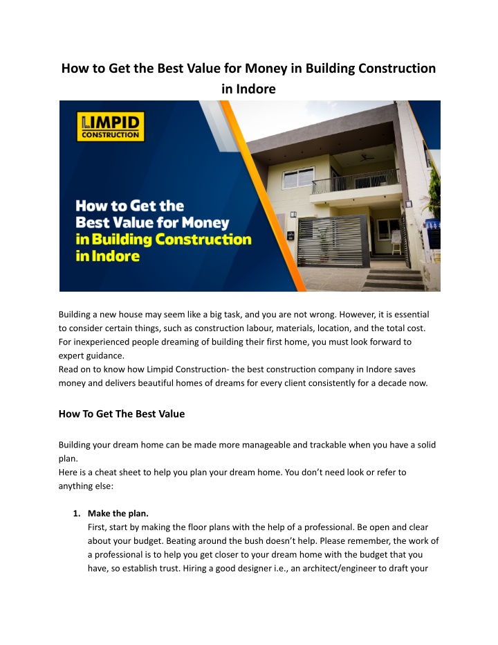 how to get the best value for money in building