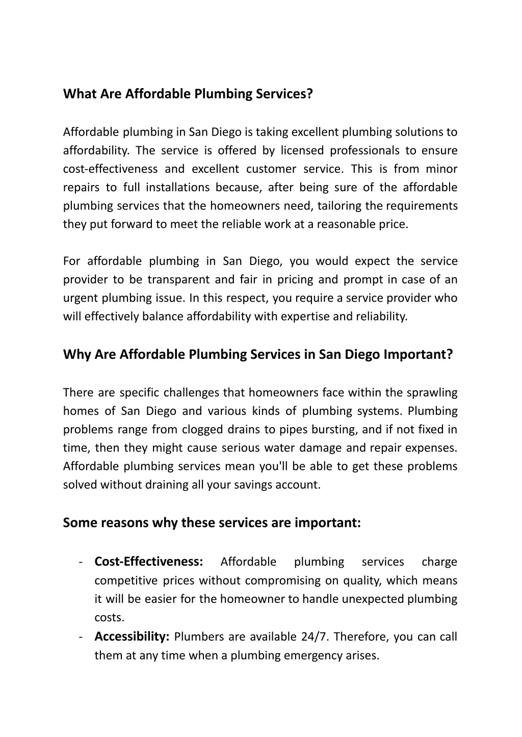 what are affordable plumbing services affordable