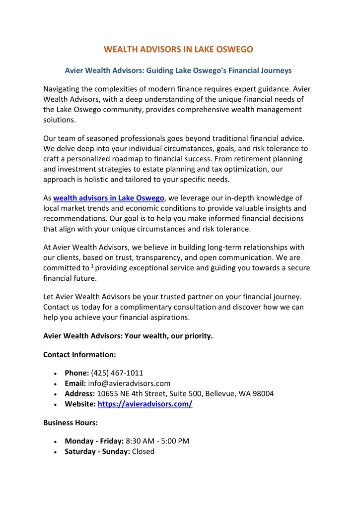 wealth advisors in lake oswego