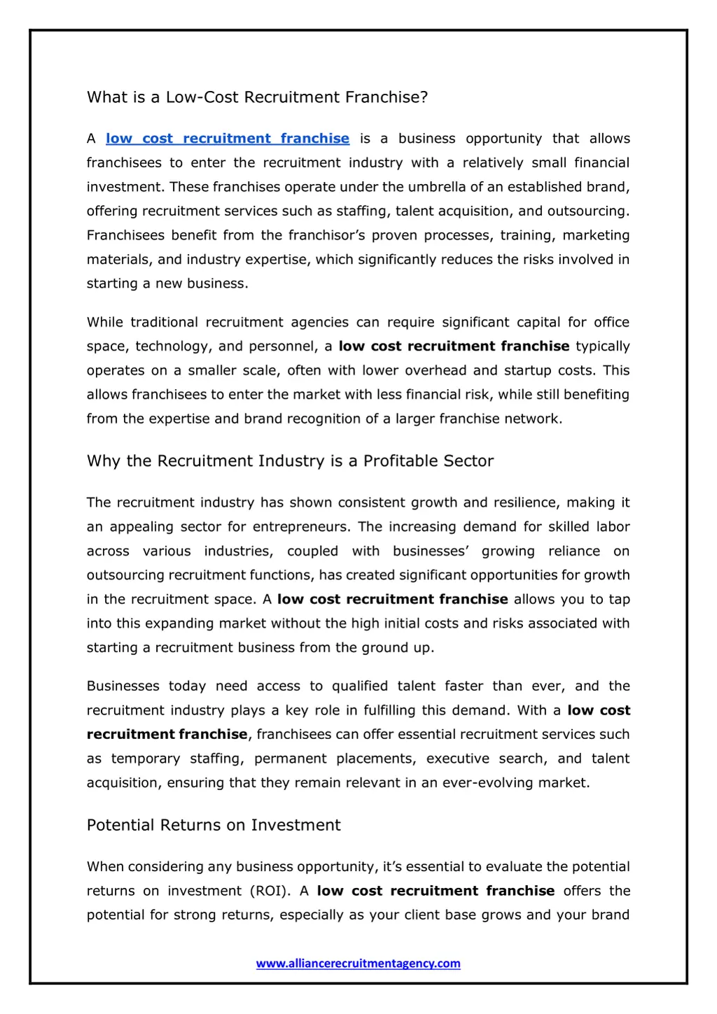 what is a low cost recruitment franchise