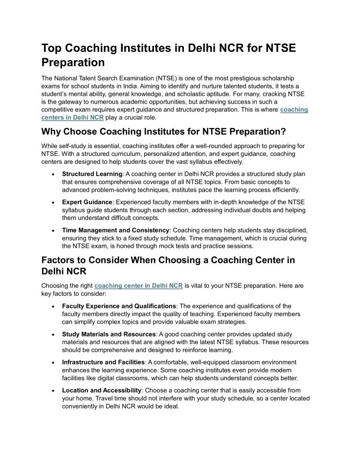 top coaching institutes in delhi ncr for ntse