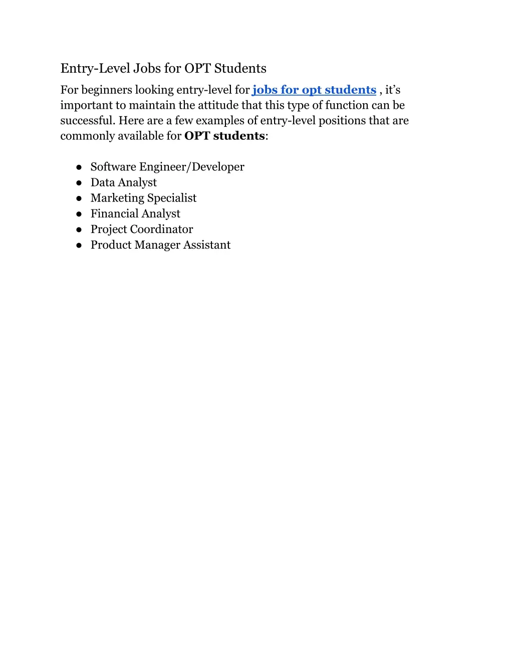 entry level jobs for opt students