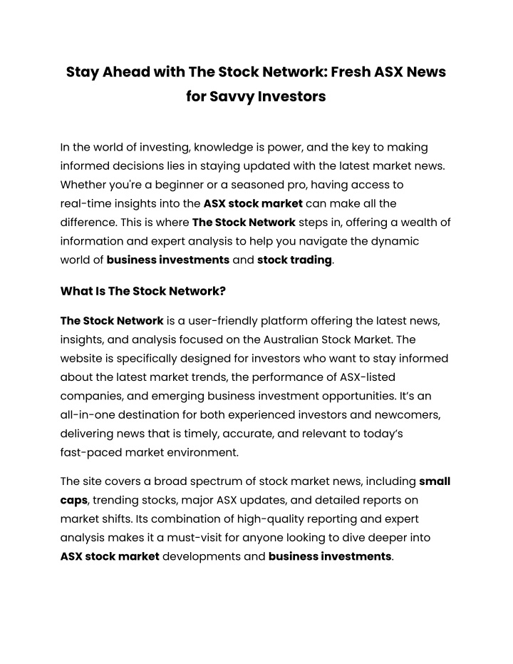 stay ahead with the stock network fresh asx news