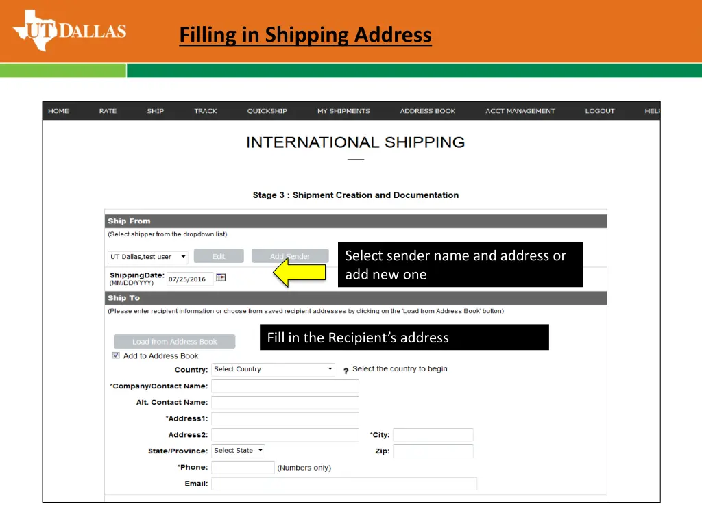 filling in shipping address