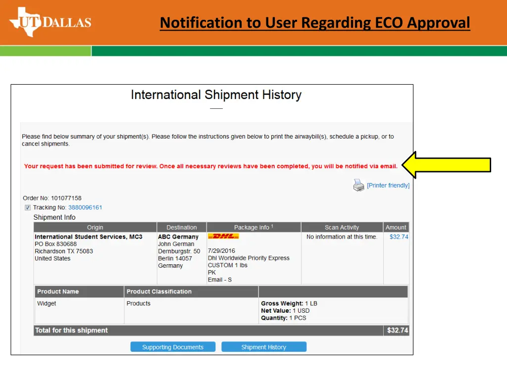 notification to user regarding eco approval