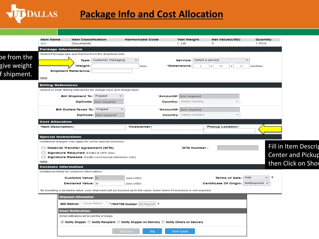 package info and cost allocation