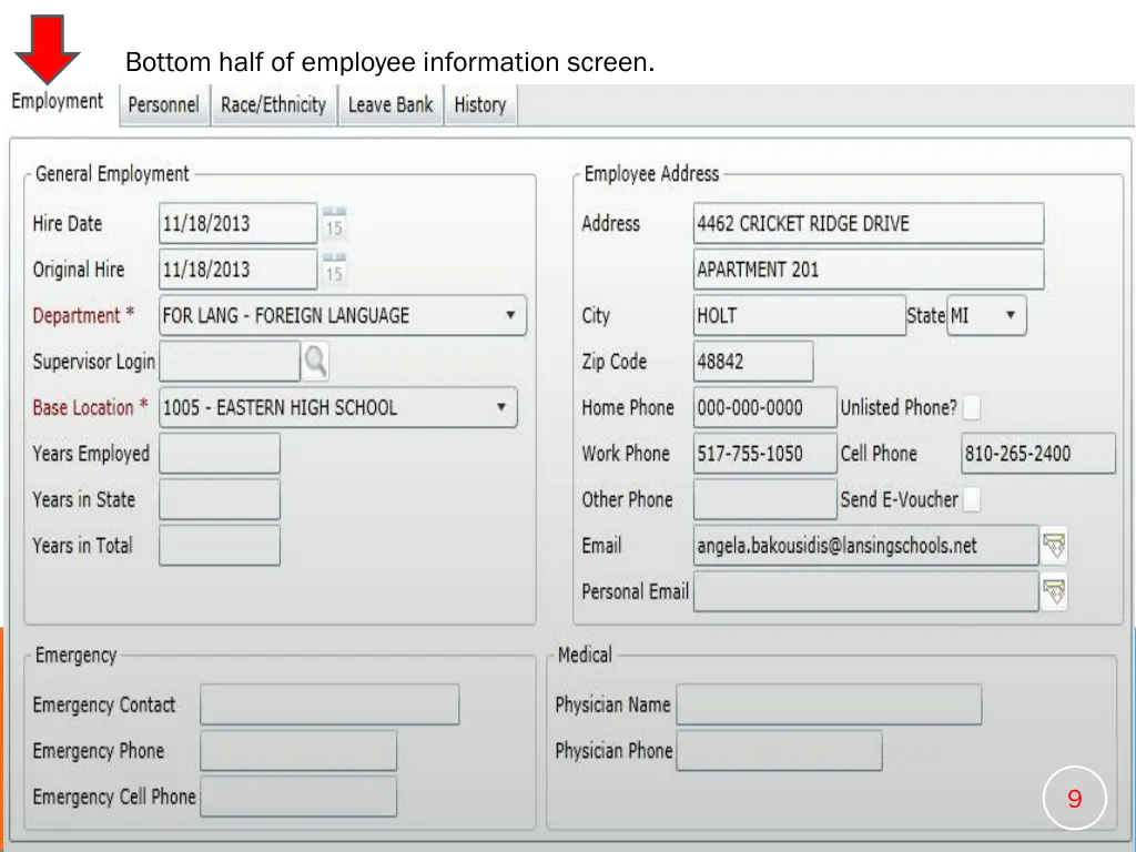 bottom half of employee information screen