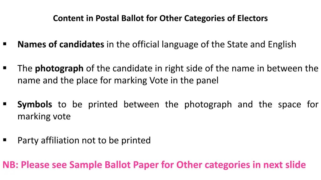 content in postal ballot for other categories