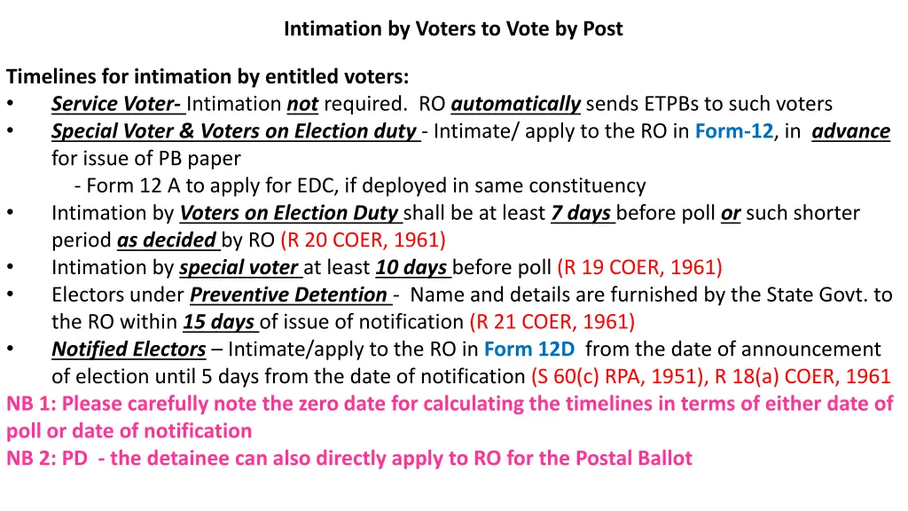 intimation by voters to vote by post