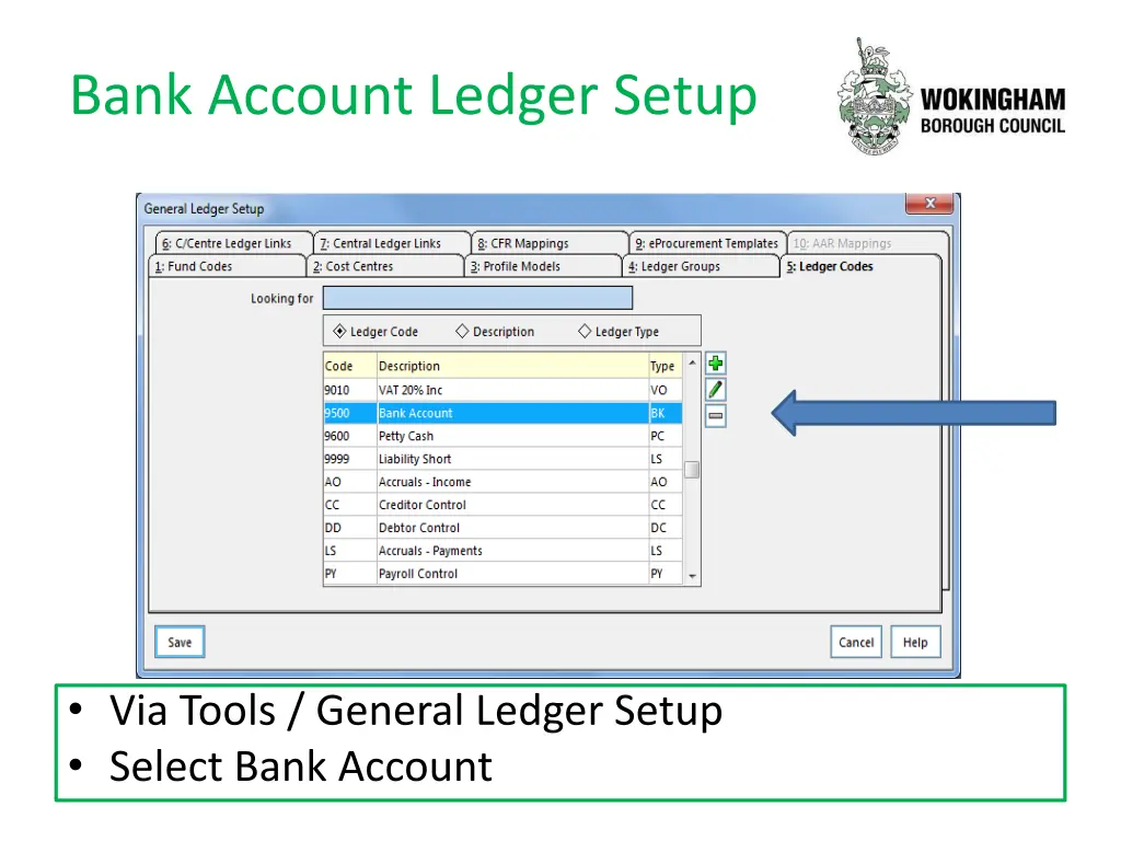 bank account ledger setup