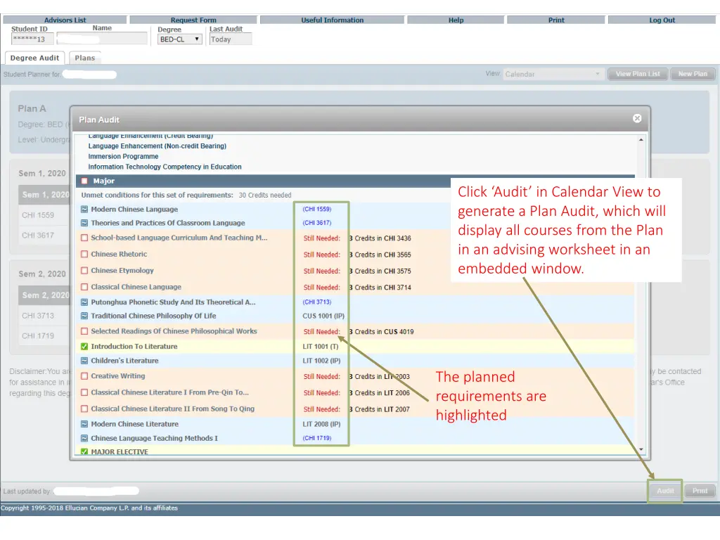 click audit in calendar view to generate a plan