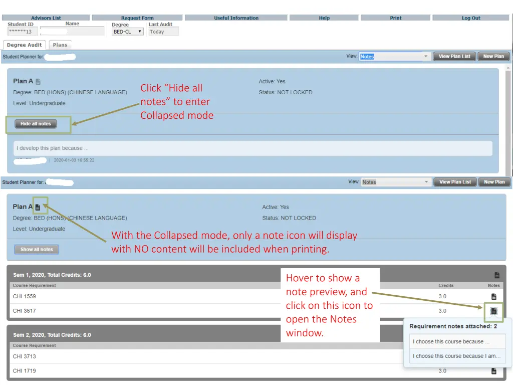 click hide all notes to enter collapsed mode