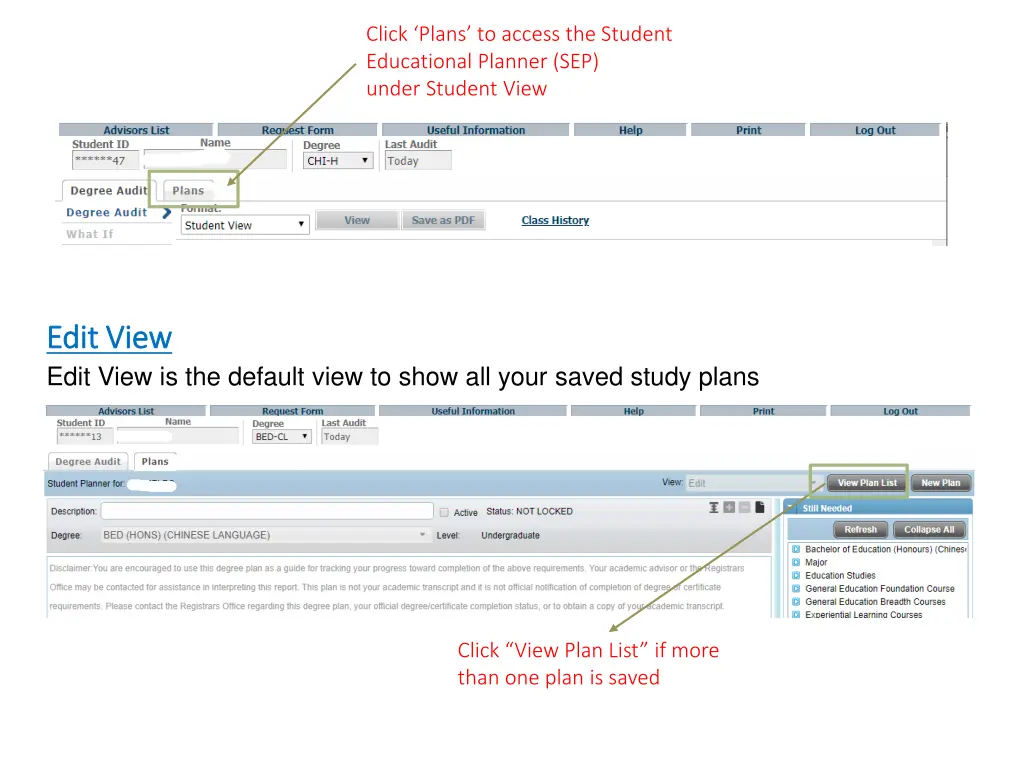 click plans to access the student educational
