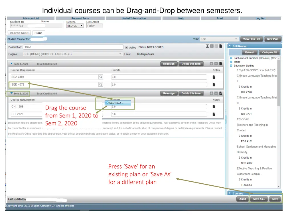 individual courses can be drag and drop between