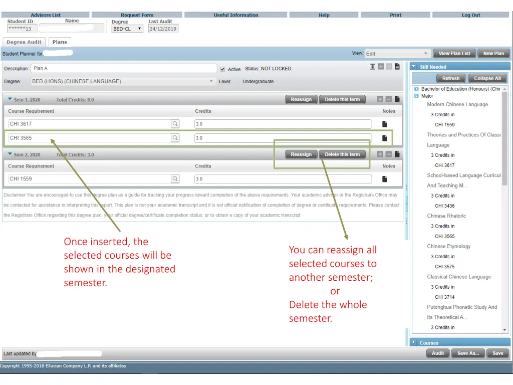 once inserted the selected courses will be shown