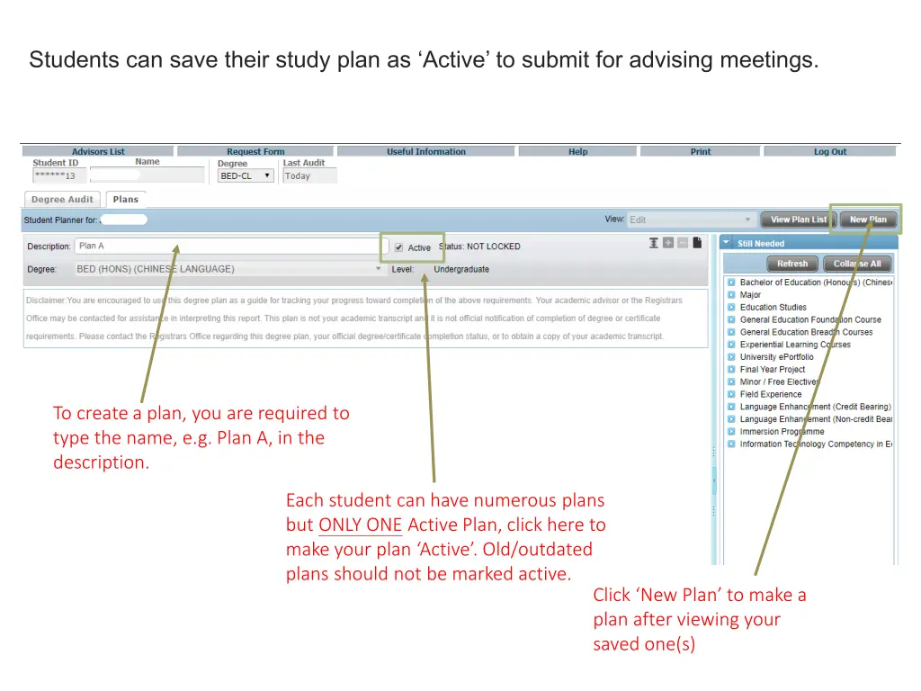 students can save their study plan as active