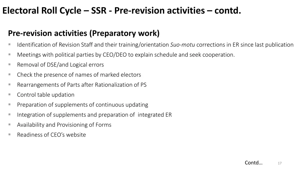 electoral roll cycle ssr pre revision activities