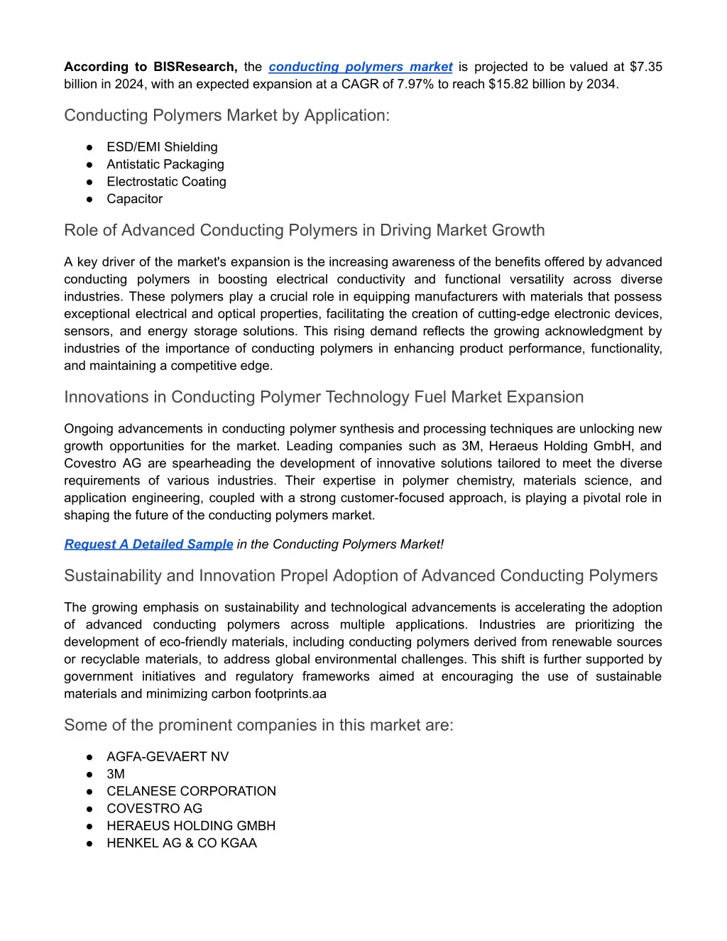 according to bisresearch the conducting polymers