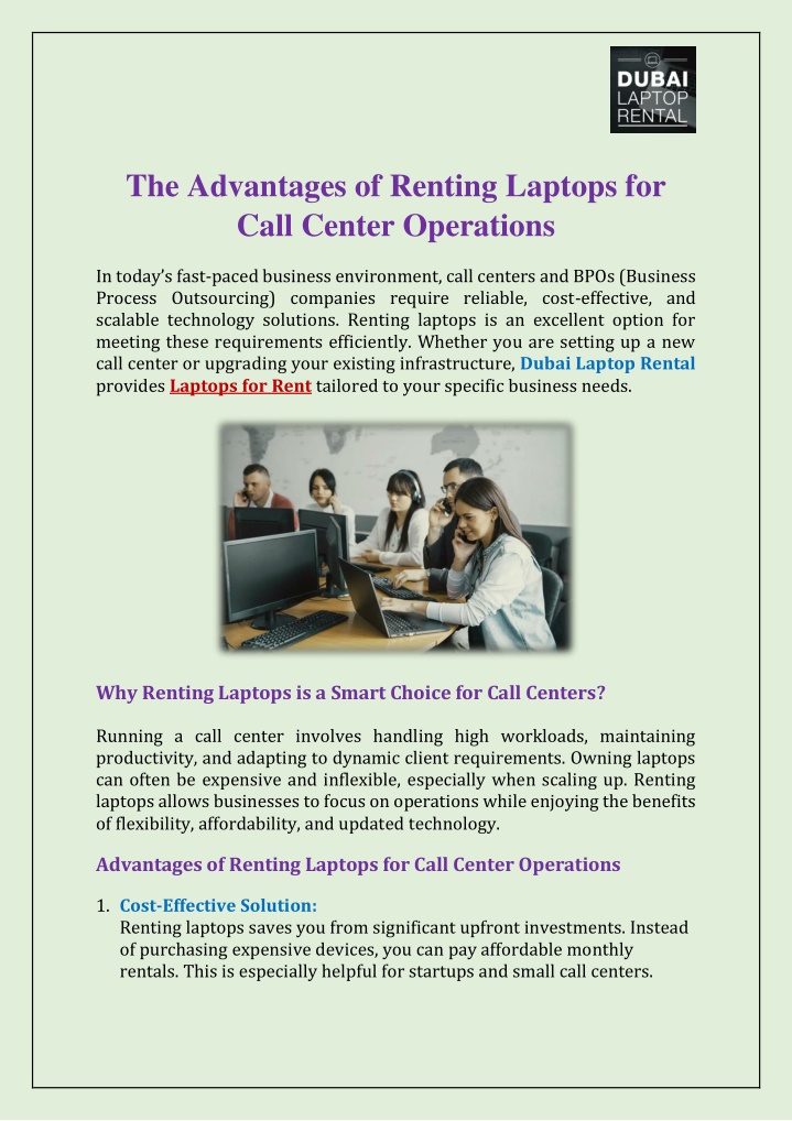 the advantages of renting laptops for call center