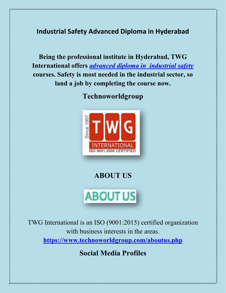 industrial safety advanced diploma in hyderabad