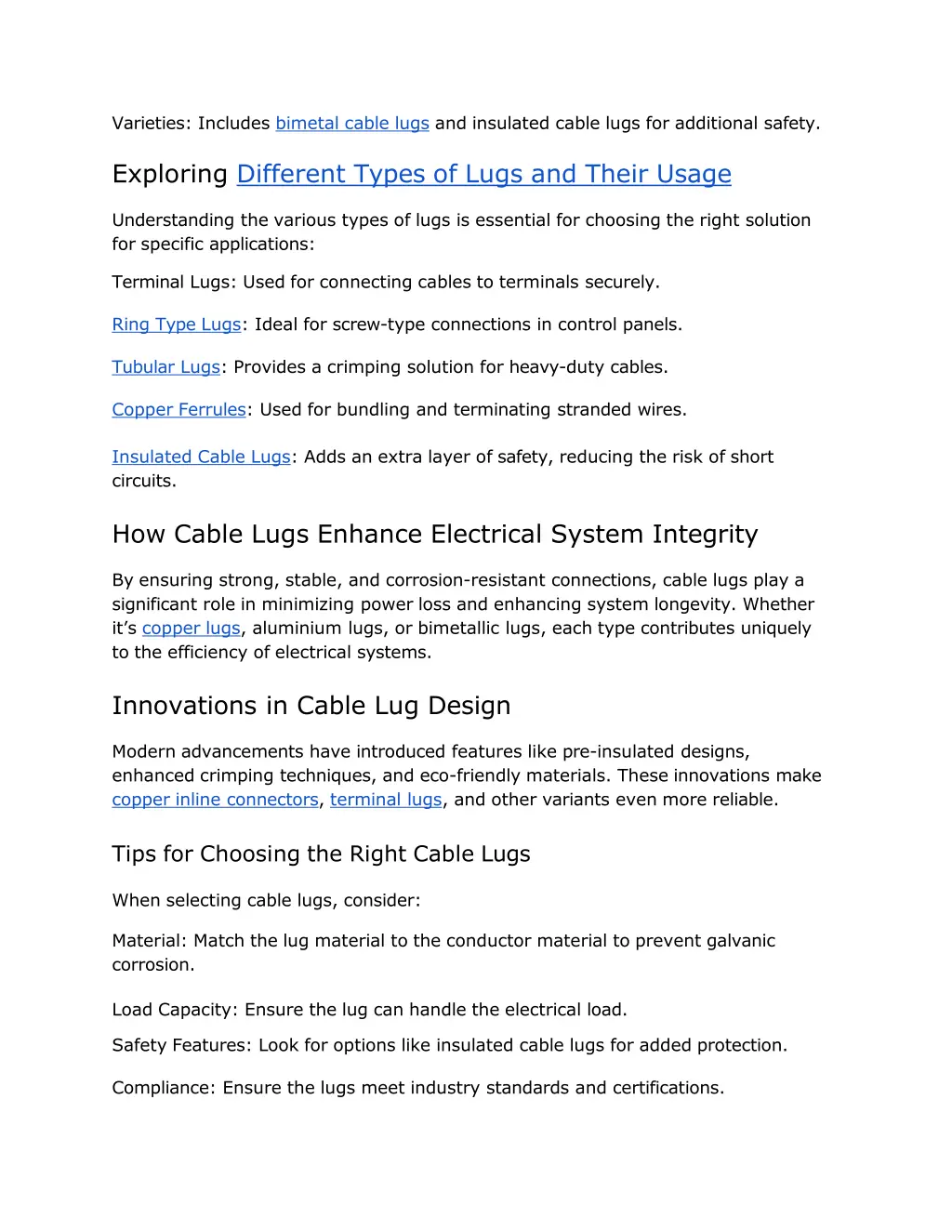 varieties includes bimetal cable lugs