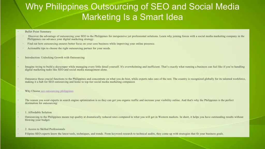 why philippines outsourcing of seo and social