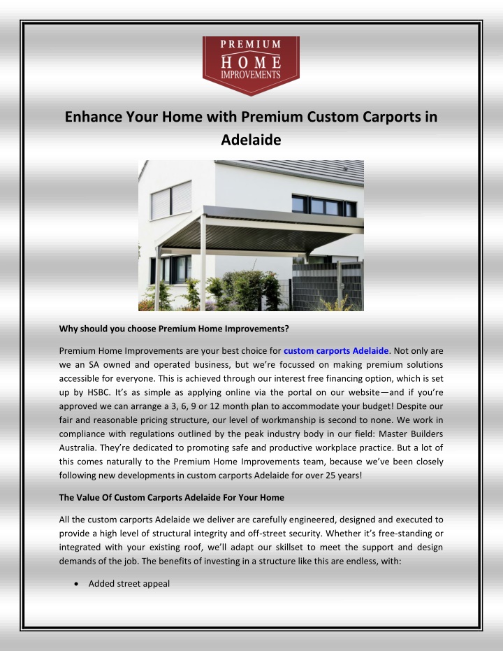 enhance your home with premium custom carports