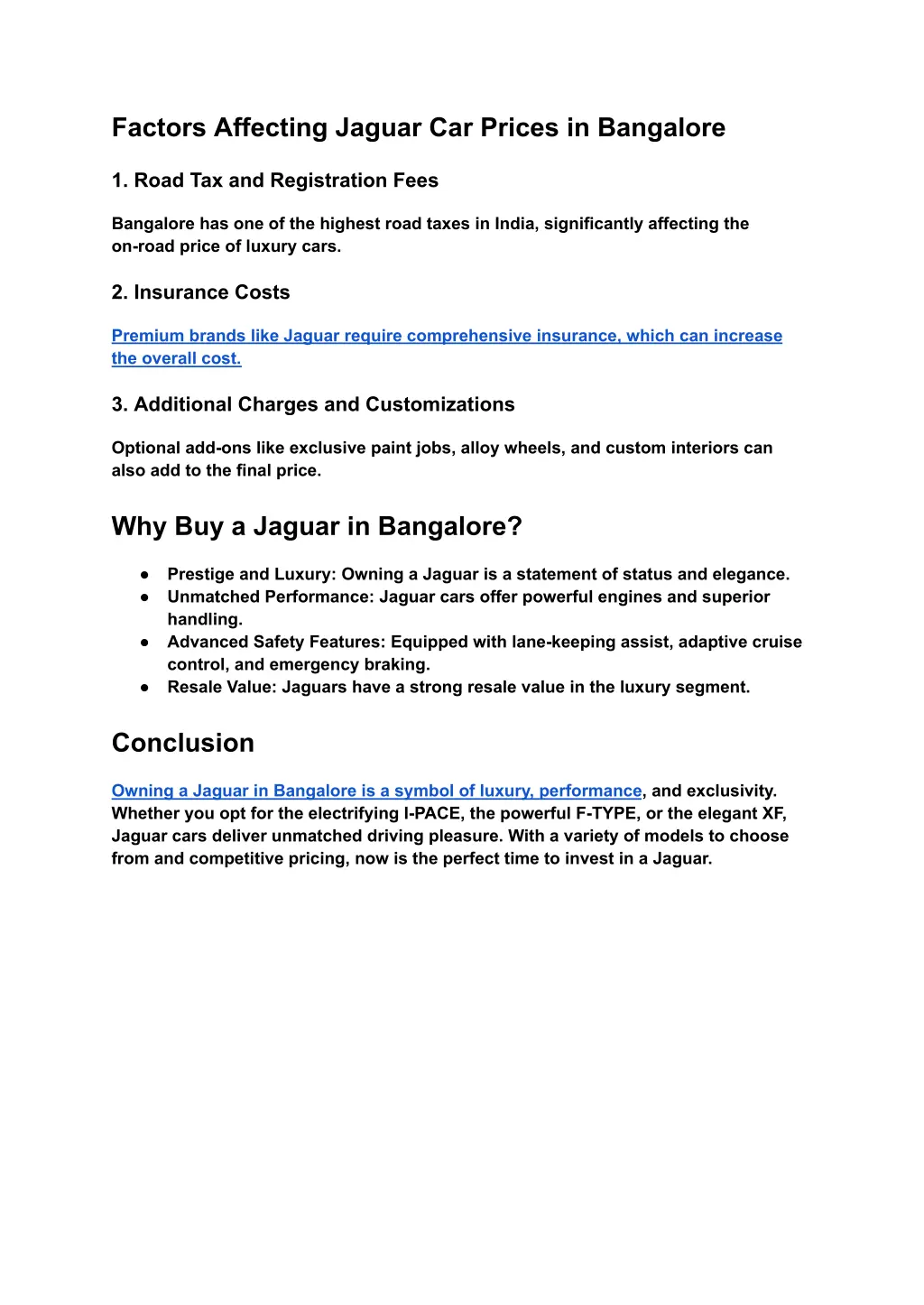 factors affecting jaguar car prices in bangalore