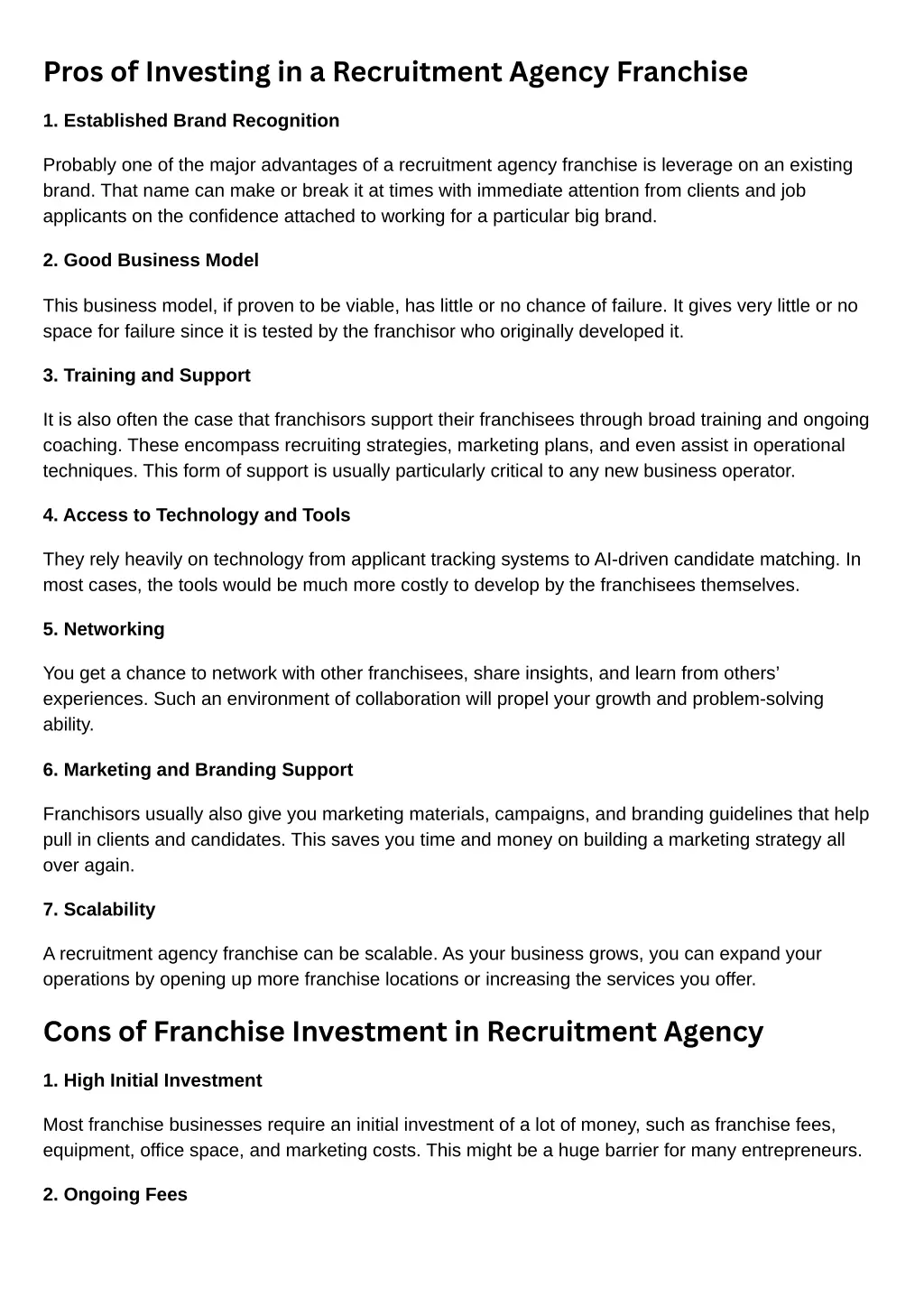 pros of investing in a recruitment agency