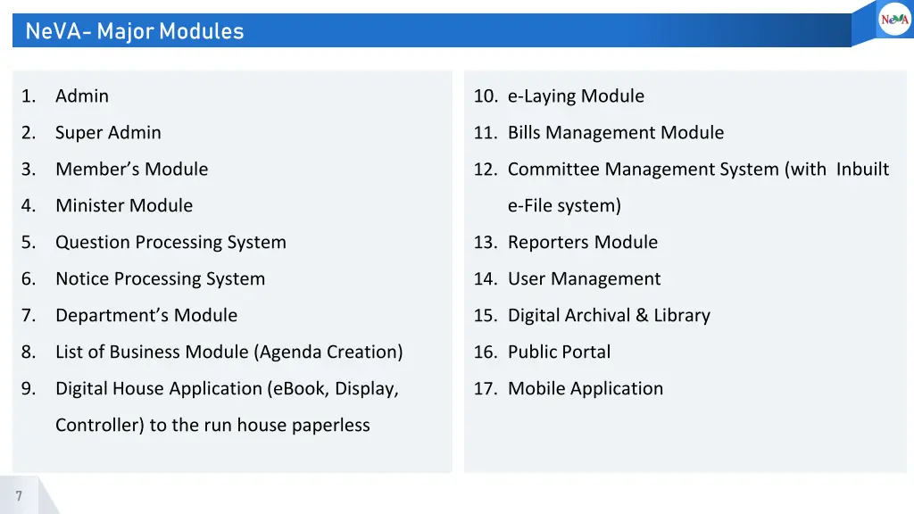 neva major modules