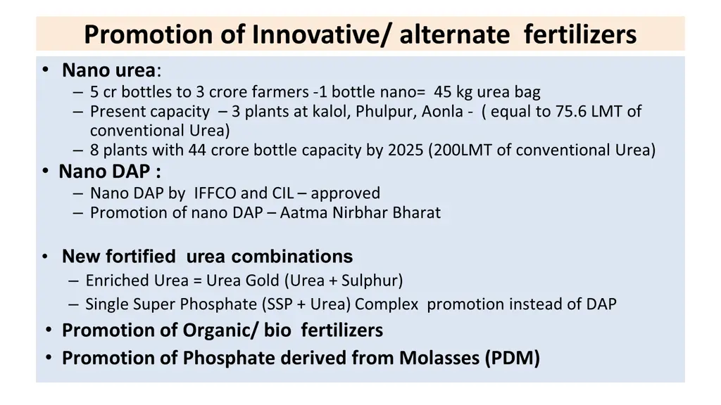promotion of innovative alternate fertilizers