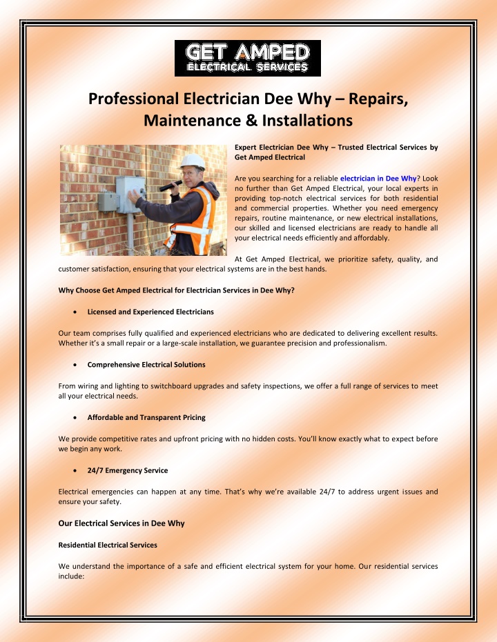 professional electrician dee why repairs