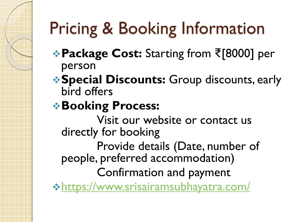 pricing booking information