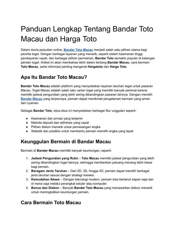 panduan lengkap tentang bandar toto macau
