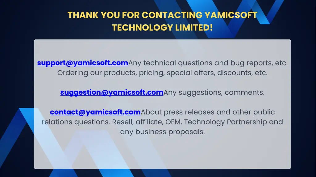thank you for contacting yamicsoft technology