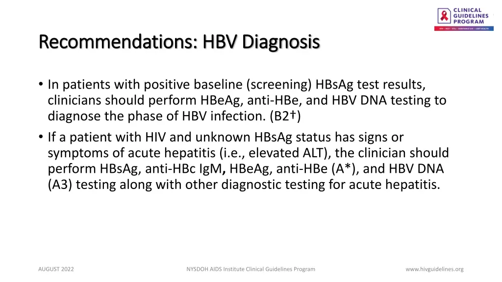 recommendations hbv diagnosis recommendations