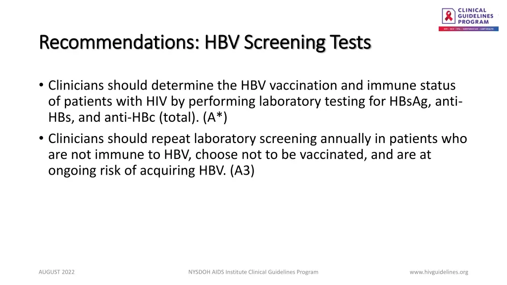 recommendations hbv screening tests