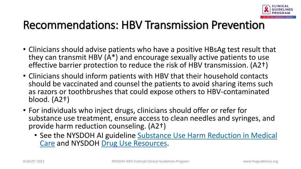 recommendations hbv transmission prevention