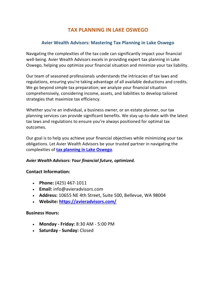 tax planning in lake oswego