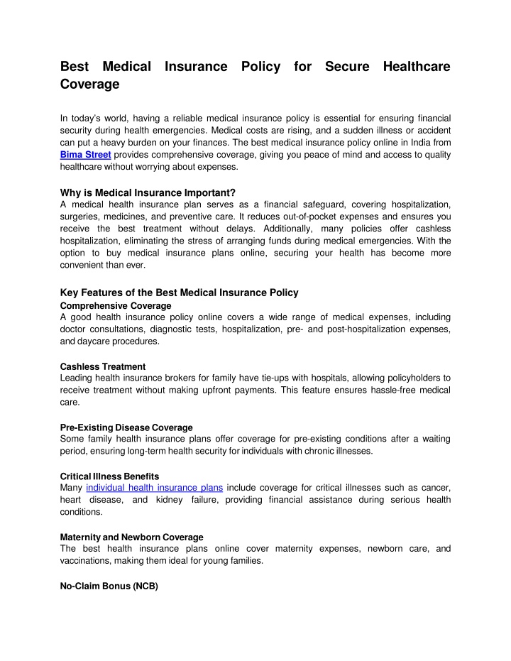 best medical insurance policy for secure
