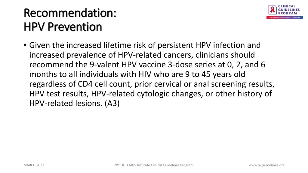recommendation recommendation hpv prevention