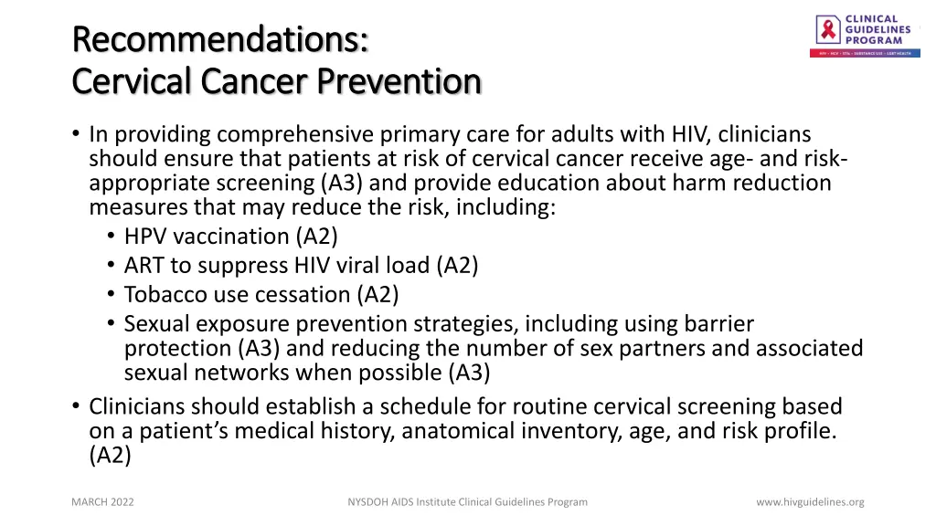 recommendations recommendations cervical cancer